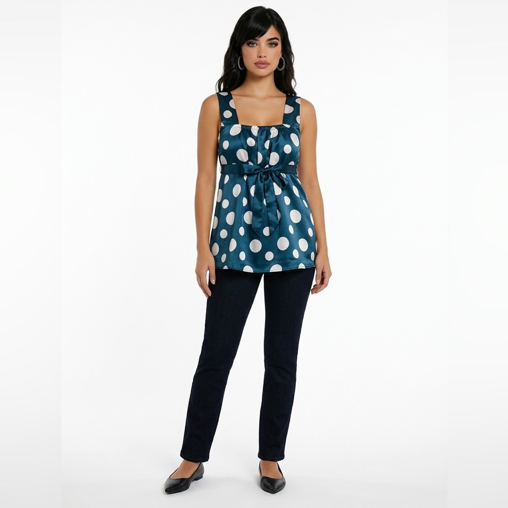 Antilia Femme Plus Size 1X Navy Blue White Polka Dot Empire Waist Bow Blouse